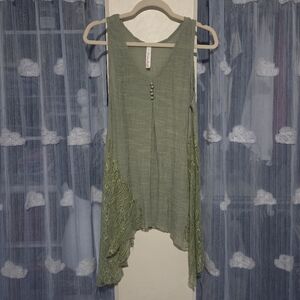 Pretty Angel Sheer High-Low Tank/Tunic with Lace Panels & Button Detailing